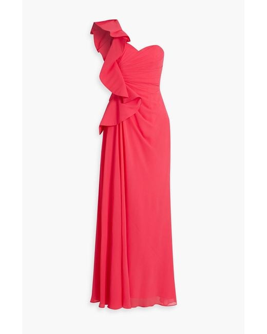 Badgley Mischka Red One-shoulder Ruffled Chiffon Gown