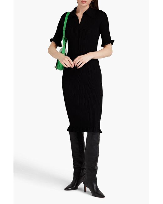 Boutique Moschino Black Ruffled Ribbed Wool Midi Dress
