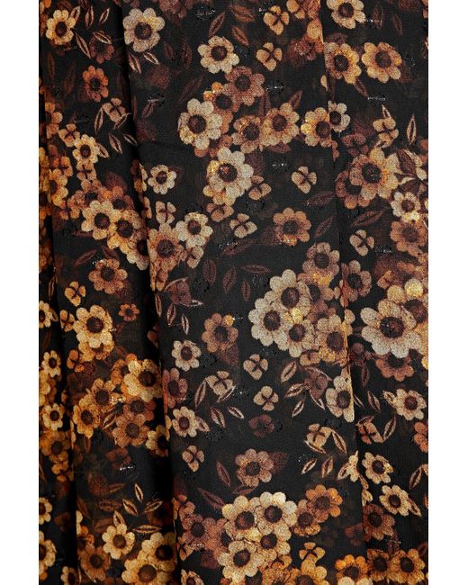 Mikael Aghal Brown Plissiertes kleid aus chiffon mit fil coupé, floralem print und metallic-effekt