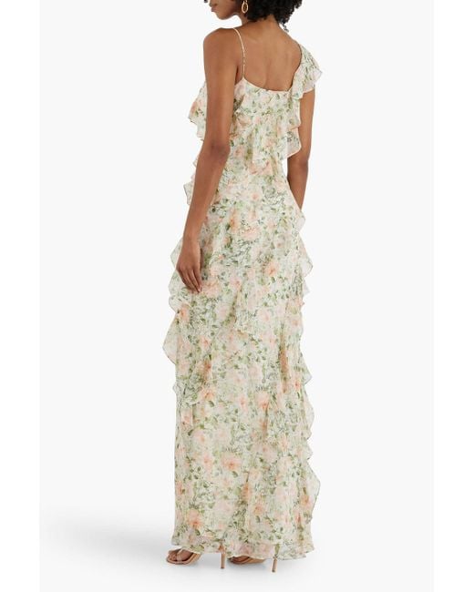 Mikael Aghal White Ruffled Floral-print Chiffon Maxi Dress