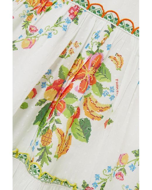 Farm Rio White Tropical Romance Scalloped Tiered Printed Cotton Midi Dress