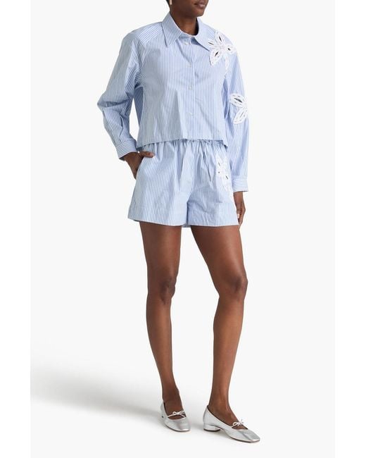 Sandro Blue Striped Floral-Appliquéd Cotton-Blend Shorts