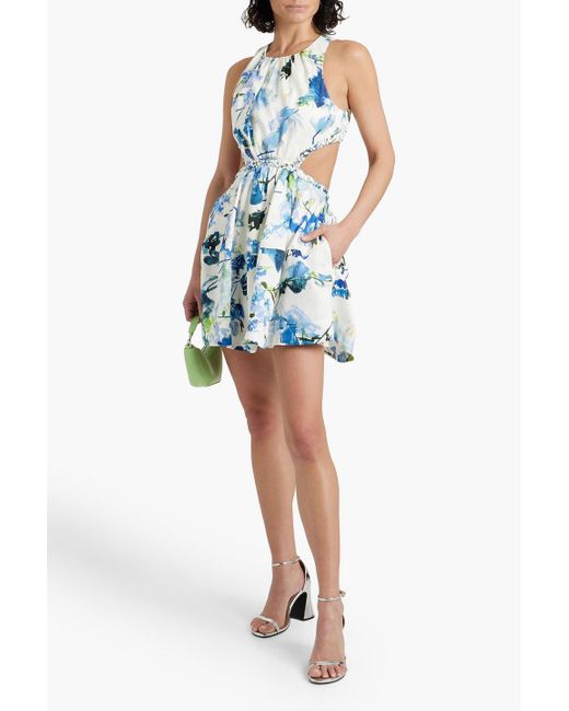 Aje. Blue Voyage Cutout Floral-print Linen-blend Mini Dress