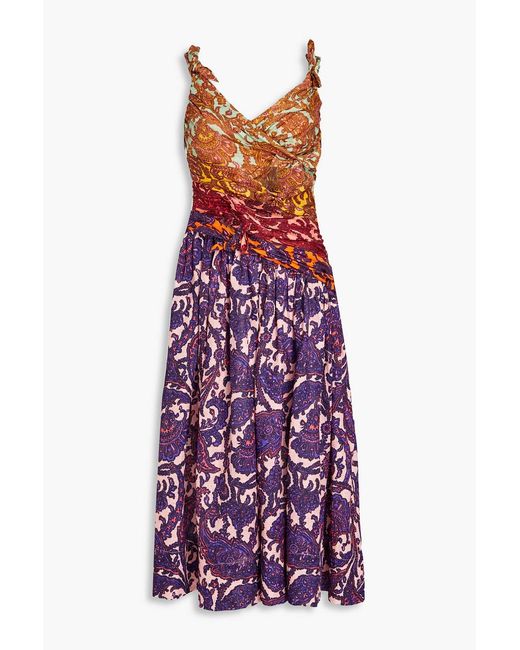 Zimmermann Purple Cutout Knotted Printed Linen Midi Dress
