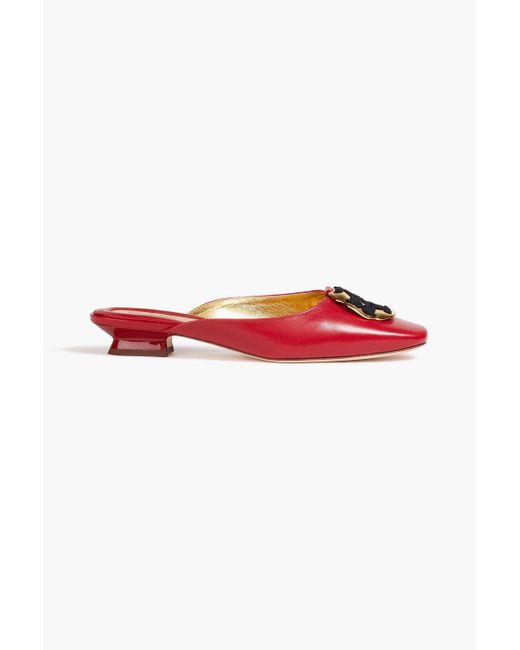 Tory Burch Red Double T Embellished Leather Slippers