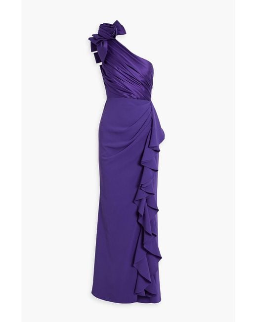 Badgley Mischka Purple Robe aus faille mit floralen applikationen und asymmetrischer schulterpartie
