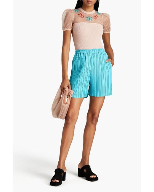 RED Valentino Pink Embroidered Point D'Esprit And Ribbed-Knit Top