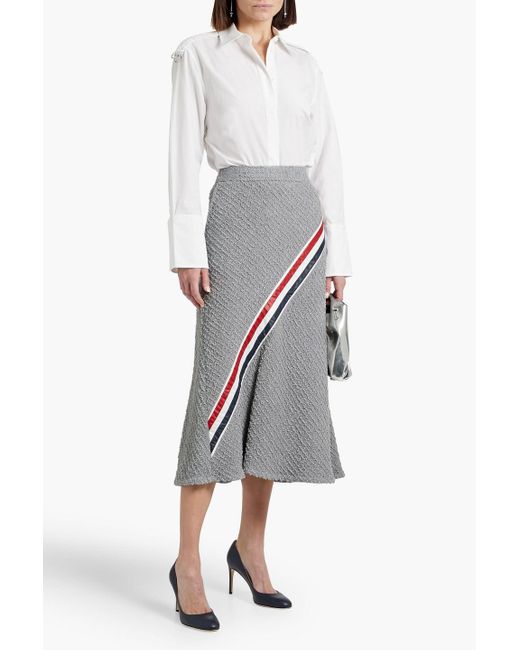 Thom Browne Gray Striped Shell-Paneled Frayed Cotton-Blend Tweed Midi Skirt