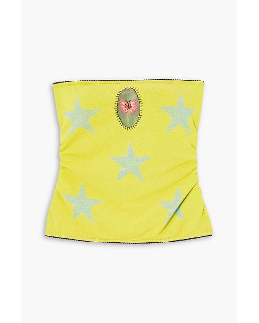 Cormio Yellow Mavi Strapless Tulle-trimmed Metallic Intarsia-knit Top
