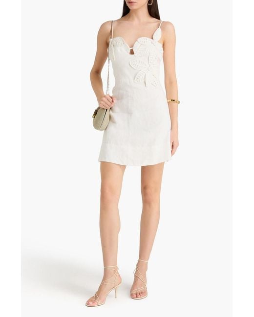 Farm Rio White Floral-appliquéd Linen Mini Dress