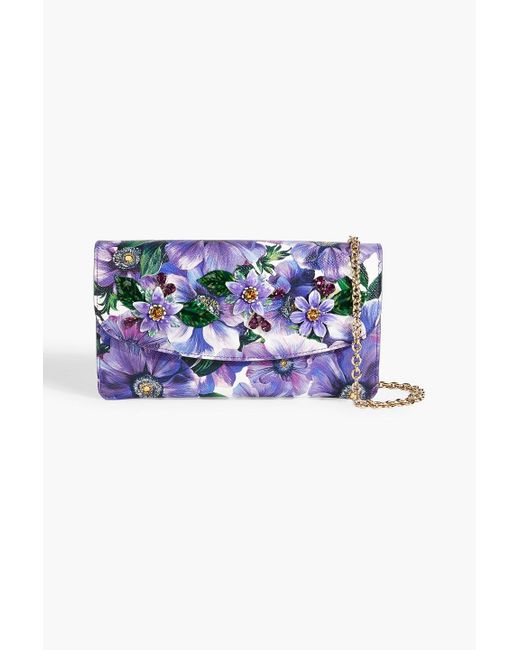 Dolce & Gabbana Blue Embellished Floral-print Pebbled-leather Clutch