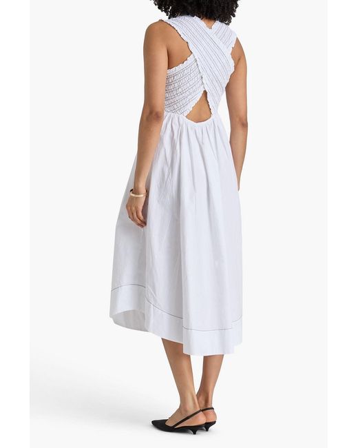 Ganni White Shirred Cotton-Blend Poplin Midi Dress