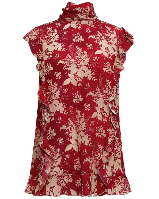 RED Valentino Red Ruffled Floral-print Silk Crepe De Chine Top