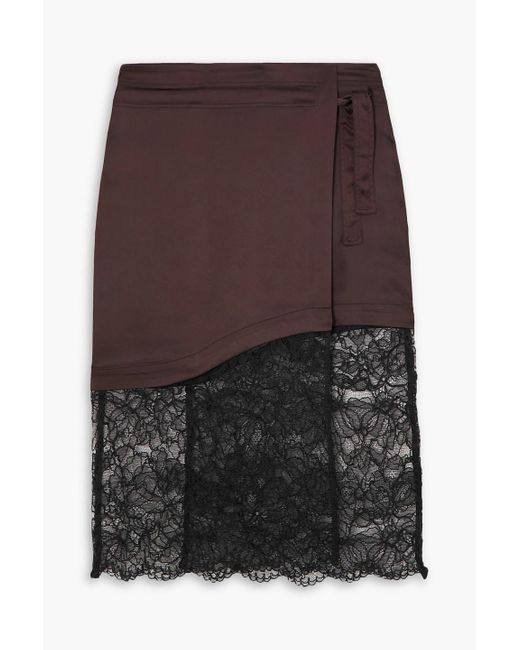 Ganni Brown Stretch-satin And Corded Lace Wrap Skirt