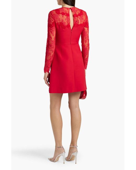 Valentino Garavani Red Lace-paneled Wool And Silk-blend Crepe Mini Dress