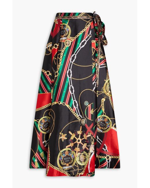 Camilla White Crystal-Embellished Printed Satin Maxi Wrap Skirt