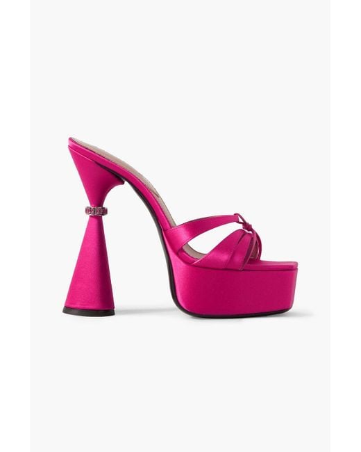 D'Accori Pink Sienna Leather-trimmed Embellished Satin Platform Mules