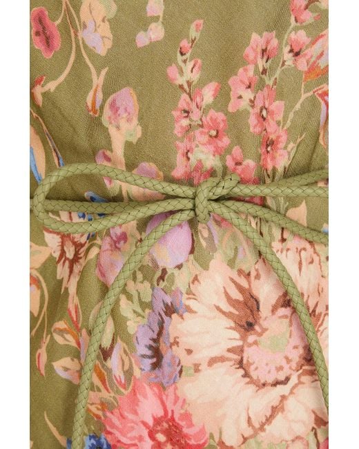 Zimmermann Green Belted Floral-print Linen Mini Dress