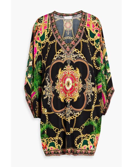 Camilla Black Crystal-Embellished Printed Stretch-Jersey Mini Dress