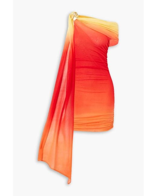 Ferragamo Red Embellished One-shoulder Ombré Silk-tulle Mini Dress