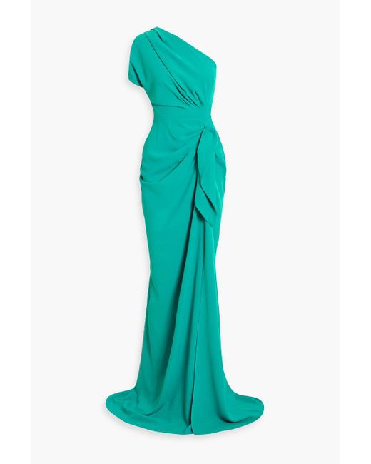 Rhea Costa Green One-shoulder Draped Cady Gown