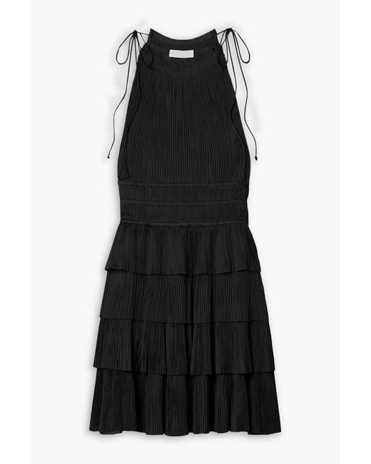 Ulla Johnson Black Cecily Tiered Plissé-Satin Mini Dress