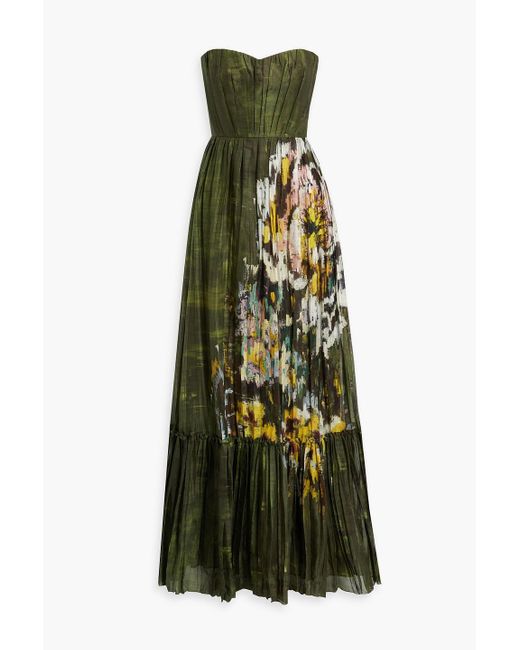 Valentino Garavani Green Strapless Pleated Floral-print Cotton-voile Gown