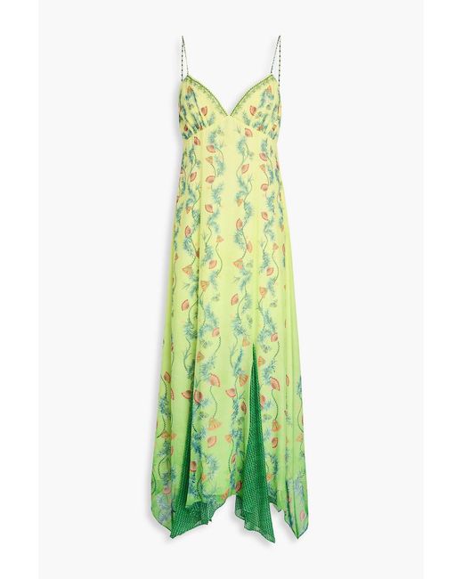Saloni Green Floral-print Silk-chiffon Midi Slip Dress