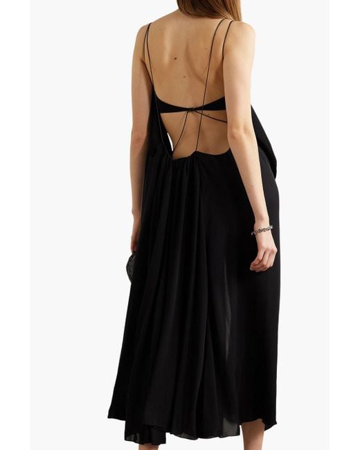 Mugler Black Cutout Tulle-trimmed Crepe De Chine Midi Dress