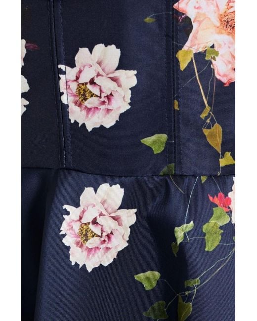 Monique Lhuillier Blue Off-The-Shoulder Floral-Print Faille Midi Dress