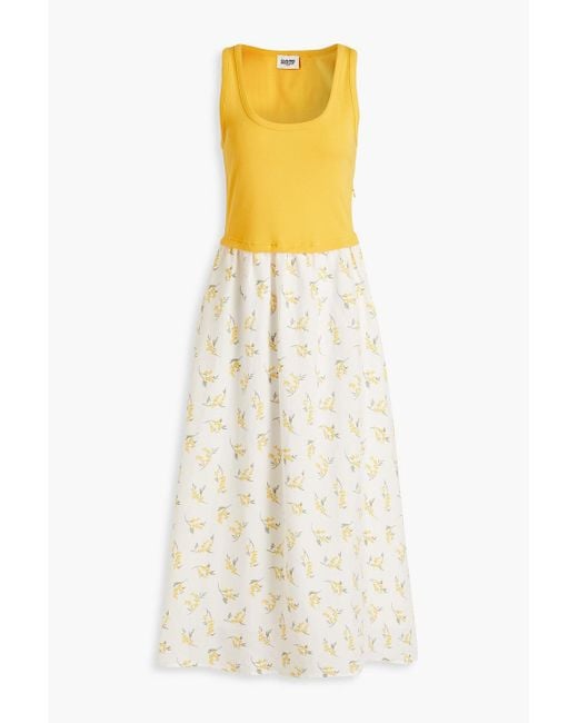 Claudie Pierlot Yellow Cotton-jersey Paneled Floral-print Slub Woven Midi Dress