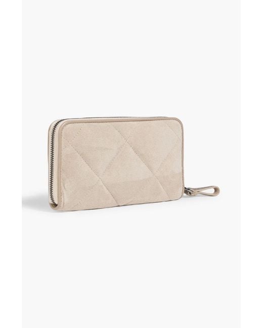 Brunello Cucinelli Natural Bead-Embellished Quilted Suede Wallet