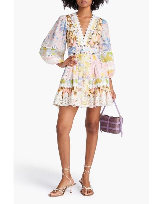 Zimmermann White Crocheted Lace-Trimmed Floral-Print Linen Mini Dress