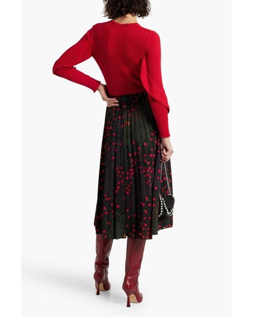 RED Valentino Red Pleated Floral-print Crepe Midi Skirt