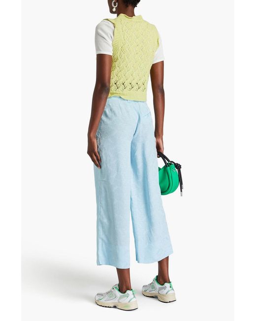 Ganni Blue Cropped Pleated Satin-Jacquard Wide-Leg Pants