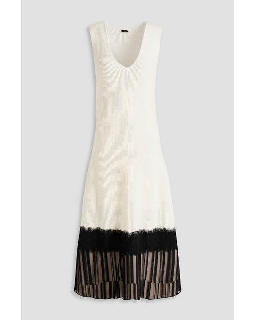 Joseph White Lace-paneled Ribbed Wool Midi Dress