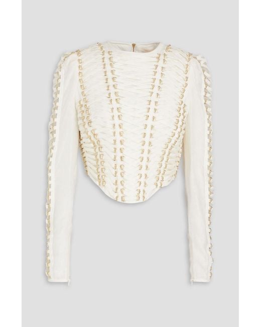 Zimmermann White Lace-up Embellished Linen And Silk-blend Top