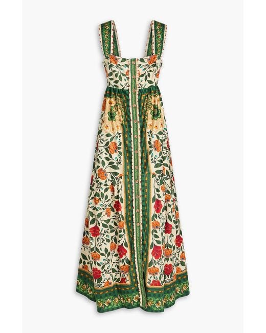 Farm Rio White Pleated Floral-print Cotton Maxi Dress