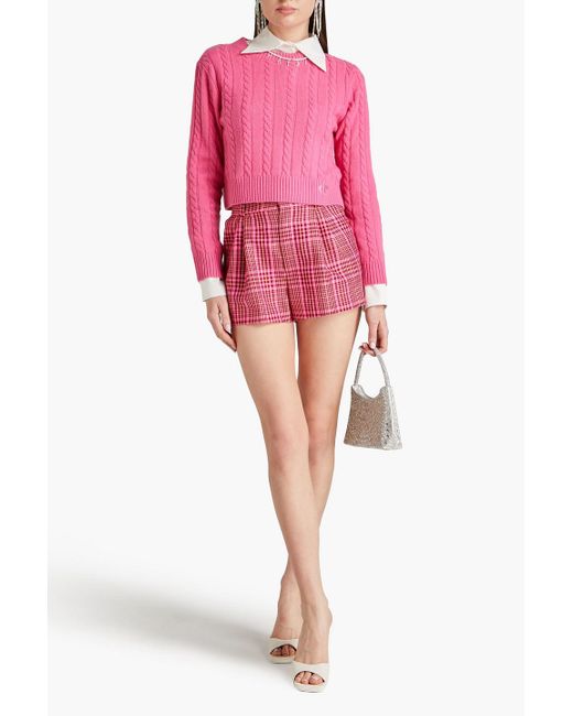 Area Red Embellished Cutout Checked Wool-blend Shorts