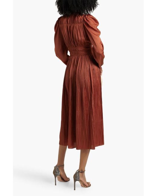 Ulla Johnson Red Lelou Pleated Satin Midi Dress