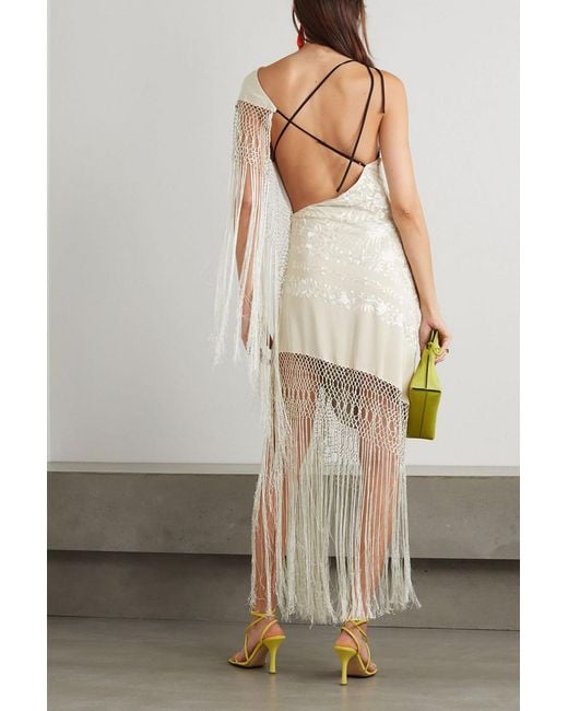 Conner Ives White The Vanguard Fringed Embroidered Silk-Blend Crepe Midi Dress