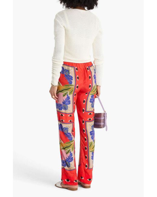Farm Rio Red Printed Satin-twill Tape Pants