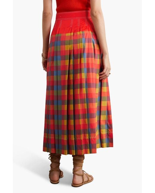 Tory Burch Red Veronica Pleated Checked Cotton-poplin Maxi Skirt