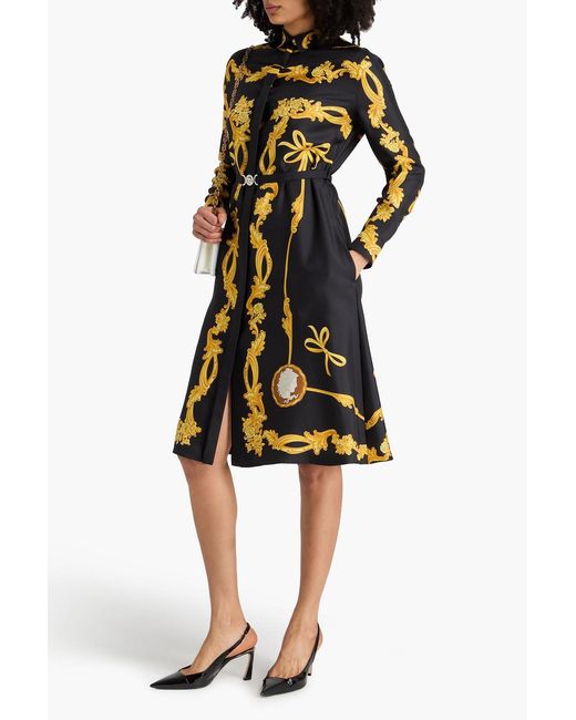 Versace Black Belted Printed Silk-Twill Midi Shirt Dress