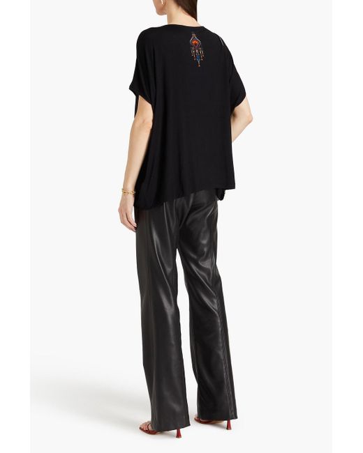Camilla Black Crystal-embellished Printed Stretch Modal-blend Jersey Top