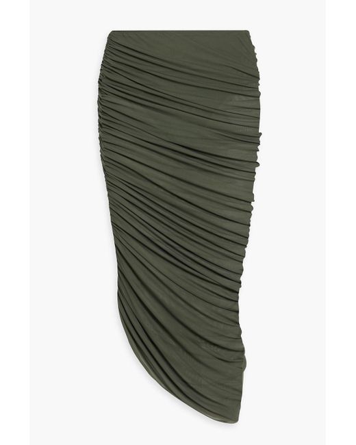 Norma Kamali Green Diana Ruched Stretch-mesh Midi Skirt