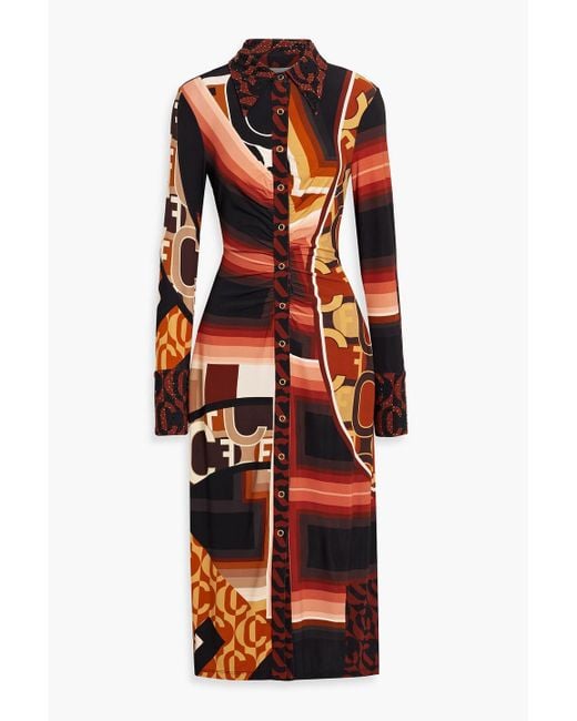 Camilla Red Crystal-Embellished Printed Stretch-Jersey Midi Shirt Dress