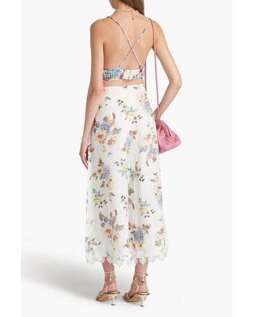 Zimmermann Blue Crystal-embellished Floral-print Linen And Silk-blend Bra Top