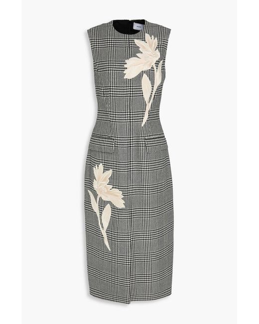 Erdem Gray Floral-appliquéd Prince Of Wales Checked Wool-tweed Midi Dress