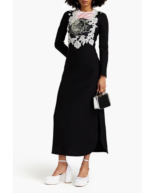Valentino Garavani Black Embroidered Printed Wool And Silk-blend Crepe Midi Dress